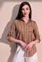 Women's Brown Long Sleeve Special Fabric Single Pocket Shirt Upright Striped Long Back Basic Cut Shirt - 7
