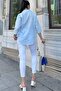 Women's Blue Three Quarter Sleeve, Oval Cut, Sweatproof, Flared Linen Casual Shirt - 7