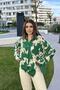 Women's Green Long Sleeve, Back Pleated, Loose Flowing, Viscose Shirt - 2
