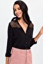 Women's Black Lace Detailed Long Sleeve Regular Cut Standard Size Shirt - 7
