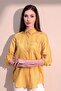 Women's Yellow Long Sleeve Special Fabric Single Pocket Shirt Upright Striped Long Back Basic Cut Shirt - 4