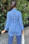 Women's Indigo Long Sleeve Special Fabric Single Pocket Shirt Stand-Up Striped Back Long Basic Cut Shirt - 4