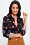 Women's Navy Blue Classic Collar, Long Sleeve, Floral Pattern, Regular Fit, Standard Length Shirt - 7