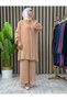 Stone Detailed Tunic & Elastic Waist Trousers, Aerobin Fabric, Bottom Top Double Suit City Suit Beige - 3