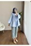 Women's Drawstring Front Tie Poplin Kimono Blue - 5