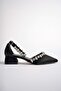 Ba04490 Black S Women's Front Ankle Stone Evening Dress Short Classic Heeled Shoes - Black Satin - 41 - 5