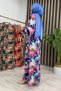 Lale Dress Printed Modal Fabric Women's Blue Sleeves with Lace Detail and Detachable Belt Comfortable Cut Hijab Dress - 3