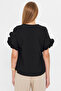 Women Black V Neck Ruffled Short Sleeve Blouse Arm-25Y001090 - 4