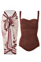 French-Inspired Draped Brown Swimsuit Pareo Set of 2 with Corset Effect and Adjustable Straps