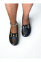 Black Genuine Leather Women's Sabo Slippers with Gold Accessories - 5