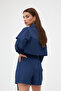Navy Blue Front Stripe Detailed Cotton Shirt Shorts Skirt Set - 5116 - 6