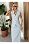 Gray Polyviscose Pocket Vest Slit Pencil Skirt Set - 2