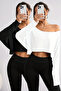 White - Black 2-Piece Women's Off Shoulder Boat Neck Oversize Long Sleeve Crop T-Shirt