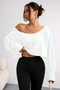 White - Black 2-Piece Women's Off Shoulder Boat Neck Oversize Long Sleeve Crop T-Shirt - 3