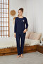 Navy Blue Heart Embroidery Ribbed Knitted Pajamas Suit25226003 - 2