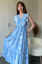Double Breasted Blue Patterned Midi Dress - 8