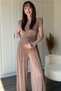 Padded Waist Detailed Crinkle Pleated Wide Leg Brown Jumpsuit - 2