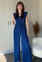 Padded Waist Detailed Crinkle Pleated Wide Leg Navy Blue Jumpsuit - 3
