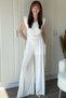 Padded Waist Detailed Crinkle Pleated Wide Leg White Jumpsuit - 5