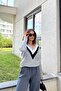 Women's Gray Long Sleeve V-Neck Color Block Blouse Sweatshirt & Cotton Pullover - 3