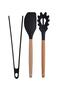 Black Bamboo Silicone Serving Set - Ladle Spoon Colander, Pasta, Angled Flat Spatula, Silicone Tongs 7 Pieces - 2