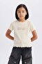 Girl's Slim Fit Narrow Cut Crew Neck Slogan Patterned Ribbed Camisole Short Sleeve T-Shirt B6689A8 - 6