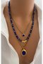 Set of Three Necklaces Steel Chain Natural Stone Navy Blue Varistone Gold Plated Stone End Women's Necklace in Gift Box - 2