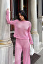 Women's Pink Openwork Crew Neck Blouse and Elastic Waist Pants Set Vs00777 - 2