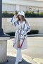 Women's Ecru Lined, Jacket Collar, Waist Belt, Comfortable Fit, Digital Letter Print, Long Stamp Coat - 7