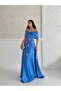 Blue Off Shoulder Strapless Jewel Satin Evening Dress - 2