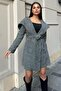 Black Houndstooth Print, Double Breasted Neckline, Hooded, Belted Long Stamp Coat (No Lining) - 5