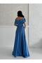 Blue Off Shoulder Strapless Jewel Satin Evening Dress - 6