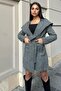 Black Houndstooth Print, Double Breasted Neckline, Hooded, Belted Long Stamp Coat (No Lining)