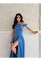 Blue Stone Strap Low Sleeve Satin Evening Dress - 4