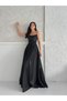Black Stone Embroidered Strapless Satin Evening Dress - 2