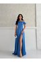 Blue Stone Strap Low Sleeve Satin Evening Dress - 2