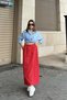 Women's Red Elastic Waist, Comfortable Fit, Long Skirt with Pockets - 2