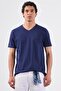 Men's Slim Fit V-Neck Navy Blue T-Shirt