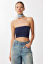 Strapless Ribbed Knitted Bustier Lub0218 Dark Blue