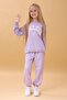 Girl's Crew Neck Embossed Lettering Detailed 2-Piece Tracksuit Set Without Sharps - Lilac - 6