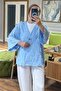 Textured V-Neck Single Button Jacket and Wide Leg Pants Two-Piece Suit 8883 - Blue - 4