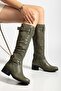 Women's Genuine Leather Bellows Adjustable Buckle Boots - Green