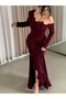 Burgundy Velvet Evening Dress with Rose Appliques - Long Sleeve Formal Gown - Elegant Party Wear - 7