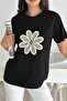 Black Pearl and Sequin Flower Embroidered Cotton T-Shirt