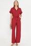 Women's Red Front Buttoned Waist Belted Pocket Bat Sleeve Palazzo Jumpsuit Arm-24Y001105 - 3