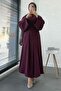 Waist Tie Bat Sleeve Dress - Burgundy - 8