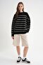 6944 Women's Loose Soft Textured Striped Knitwear Sweater Black - 2