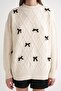 6946 Women's Oversize Crew Neck Ribbon Knitwear Sweater Natural - 5