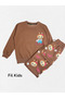 Girl's Cotton Fabric Brown Color 2 Thread Labubu Flower Patterned Winter Tracksuit Set - 2