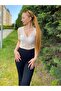 Women's See-Through V-Neck Lace Crop Blouse - 2